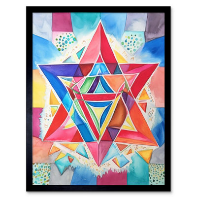 Artery8 Framed Wall Art Star Of David Bright Multicoloured Folk Art Watercolour Painting12X16 Inch from B&Q