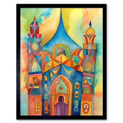 Artery8 Framed Wall Art Synagogue Building Multicoloured Folk Art Watercolour Painting12X16 Inch from B&Q
