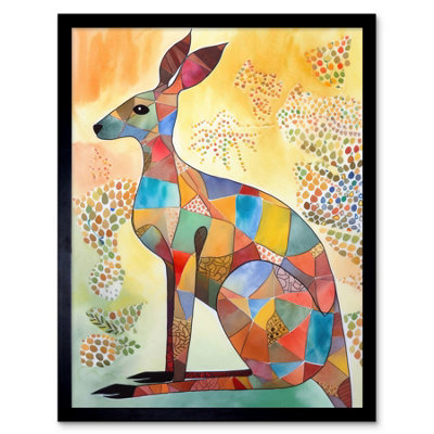 Artery8 Framed Wall Art Multicoloured Kangaroo Folk Art Watercolour Painting12X16 Inch from B&Q