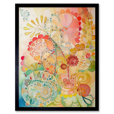 Artery8 Framed Wall Art Lace Pattern Flower Blooms Folk Art Watercolour Painting12X16 Inch from B&Q
