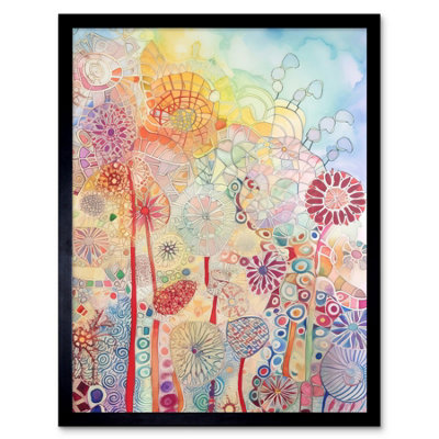 Artery8 Framed Wall Art Lace Pattern Flowers Multicoloured Folk Art Watercolour Painting12X16 Inch from B&Q