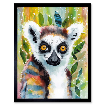Artery8 Framed Wall Art Lemur Portrait Folk Art Watercolour Painting12X16 Inch from B&Q
