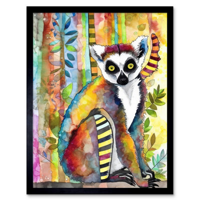 Artery8 Framed Wall Art Lemur Vibrant Portrait Folk Art Watercolour Painting12X16 Inch from B&Q