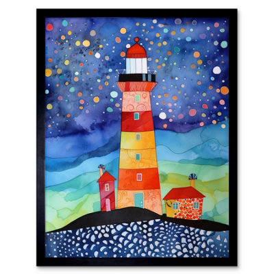Artery8 Framed Wall Art Lighthouse On Starry Night Folk Art Watercolour Painting12X16 Inch from B&Q