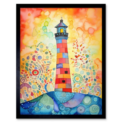 Artery8 Framed Wall Art Lighthouse At Sunset Dreamy Folk Art Watercolour Painting12X16 Inch from B&Q