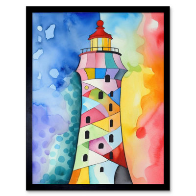 Artery8 Framed Wall Art Lighthouse Concept With Rainbow Colour Sky Folk Art Watercolour Painting12X16 Inch from B&Q