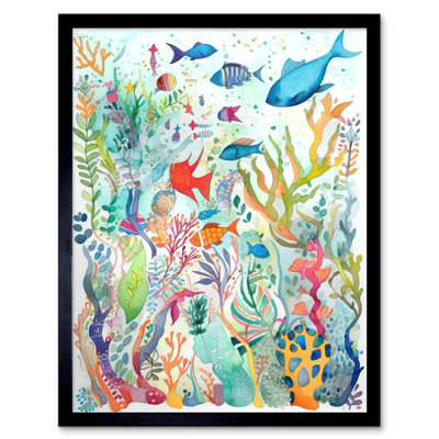 Artery8 Framed Wall Art Aquatic Scene Marine Life Folk Art Watercolour Painting12X16 Inch from B&Q