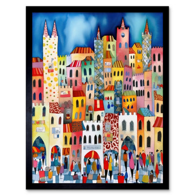 Artery8 Framed Wall Art Busy Street Vertical Cityscape Folk Art Watercolour Painting12X16 Inch from B&Q