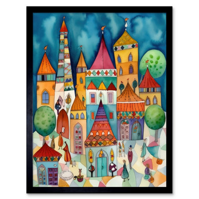 Artery8 Framed Wall Art Town Market Square Afternoon Shoppers Folk Art Watercolour Painting12X16 Inch from B&Q