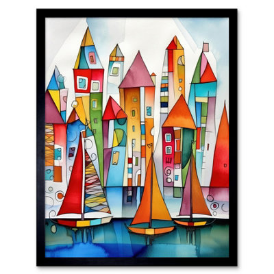 Artery8 Framed Wall Art Modern Marina Colourful Port Folk Art Watercolour Painting12X16 Inch from B&Q