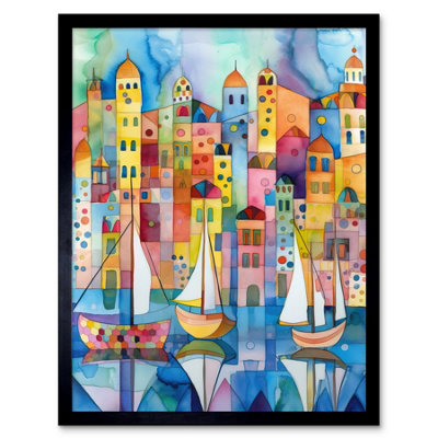 Artery8 Framed Wall Art Modern Marina Colourful Cityscape Pattern Folk Art Watercolour Painting12X16 Inch from B&Q