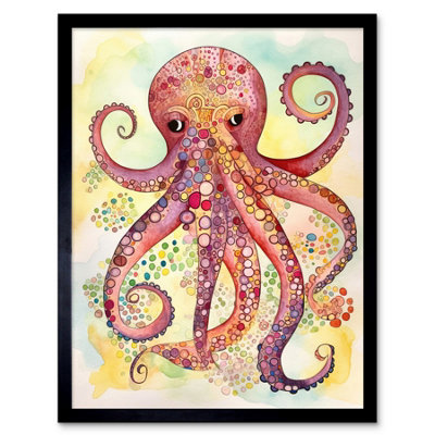 Artery8 Octopus Bright Folk Watercolour Painting 12X16" Framed Wall Art Print from B&Q