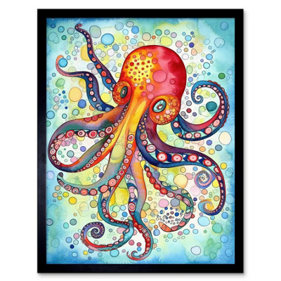 Artery8 Framed Wall Art Octopus Swimming In Air Bubbles Folk Art Watercolour Painting12X16 Inch from B&Q