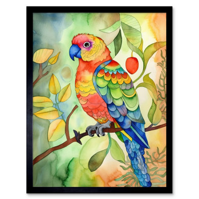 Artery8 Framed Wall Art Parrot Bird On Tree Branch Folk Art Watercolour Painting12X16 Inch from B&Q
