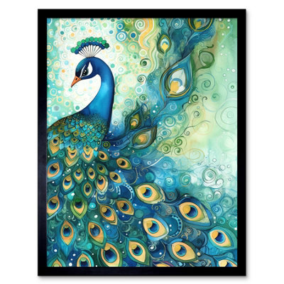 Artery8 Framed Wall Art Peacock Bird Concept Folk Art Watercolour Painting12X16 Inch from B&Q