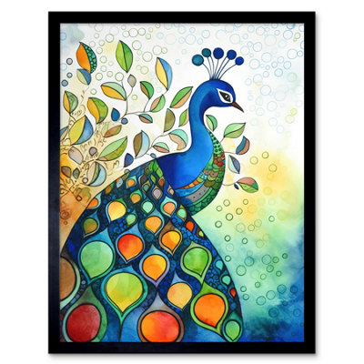 Artery8 Framed Wall Art Peacock Bird Folk Art Watercolour Painting12X16 Inch from B&Q