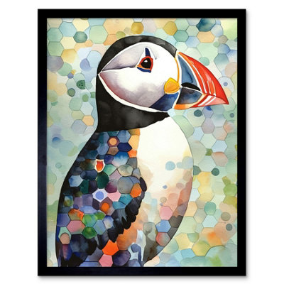 B&Q -  Framed Wall Art Puffin Bird Portrait Pastel Colour Folk12X16 Inch
