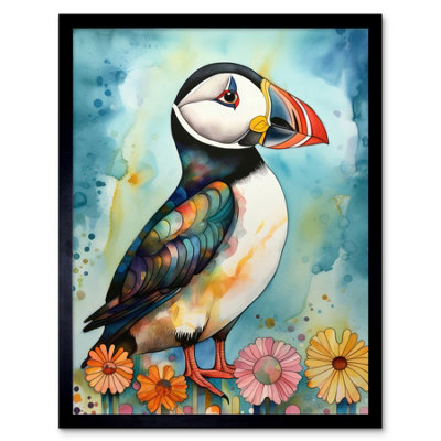 B&Q -  Framed Wall Art Puffin Bird With Flowers Folk12X16 Inch