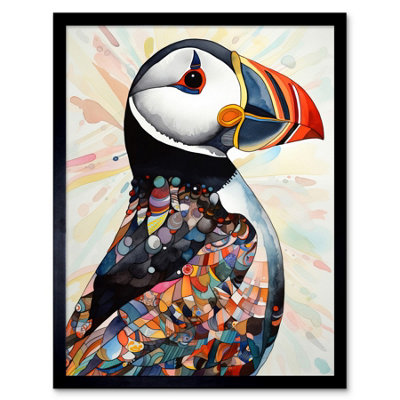 Artery8 Multicolour Feather Puffin Bird Folk Art 12X16" Framed Wall Art Print from B&Q