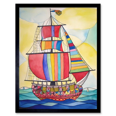 Artery8 Framed Wall Art Rainbow Colour Sailing Ship Folk12X16 Inch from B&Q