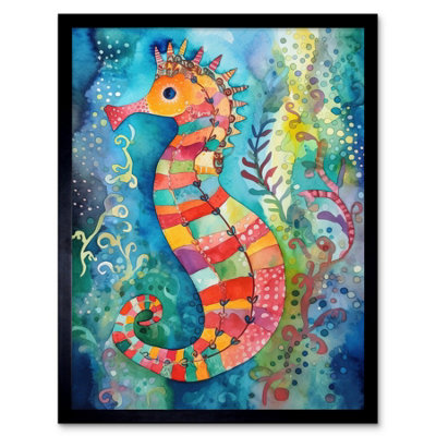B&Q -  Framed Wall Art Seahorse In Aquatic Plants Folk12X16 Inch