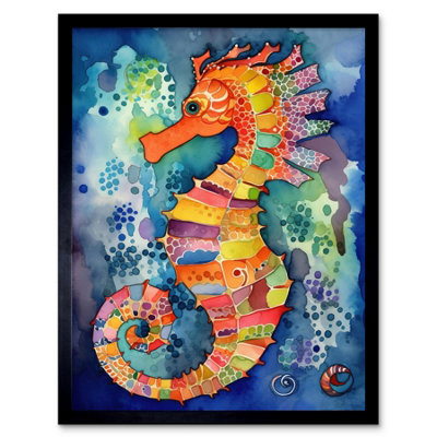 B&Q -  Framed Wall Art Vibrant Colour Pattern Seahorse Folk12X16 Inch