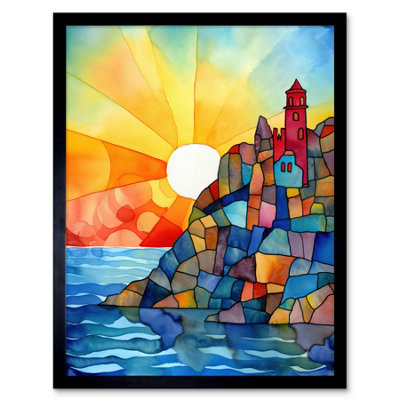 B&Q -  Framed Wall Art Sunset Coastal Cliffs Lighthouse Folk12X16 Inch