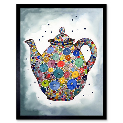 B&Q -  Framed Wall Art Colourful Teapot Folk Art Kitchen12X16 Inch