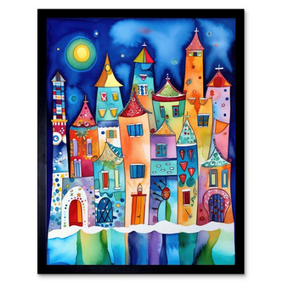 B&Q -  Framed Wall Art Midnight Abstract Town Folk12X16 Inch