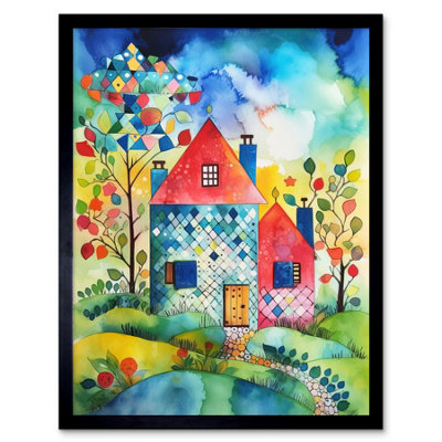 Artery8 Framed Wall Art Farmhouse In The Flowers Folk12X16 Inch