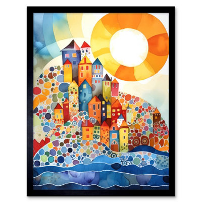 Artery8 Abstract Seascape Sunrise Village Folk Art 12X16" Framed Wall Art Print from B&Q