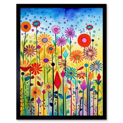 B&Q -  Framed Wall Art Tall Mixed Flowers Folk Art Watercolour Painting12X16 Inch