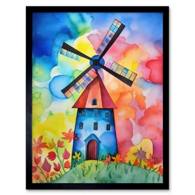 Artery8 Framed Wall Art Watercolour Windmill Netherlands Folk12X16 Inch from B&Q