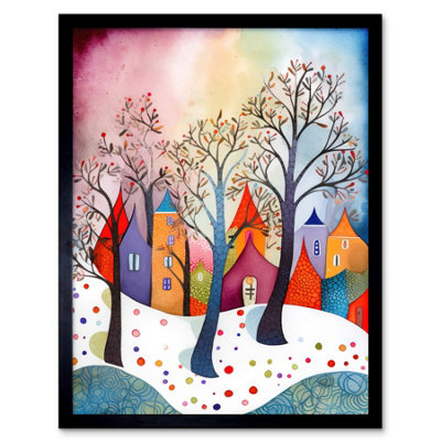 Artery8 Framed Wall Art Winter Whimsy Forest Village Folk12X16 Inch from B&Q