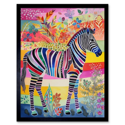 Artery8 Framed Wall Art Zebra Rainbow Floral Abstract Folk12X16 Inch from B&Q