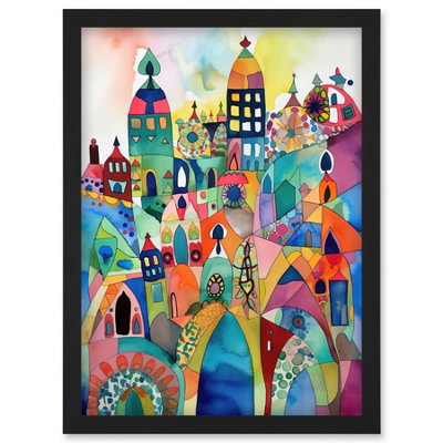 Artery8 Cityscape Abstract Folk Art Vibrant Multicoloured Watercolour Painting Wall Art PrintA4 Size from B&Q