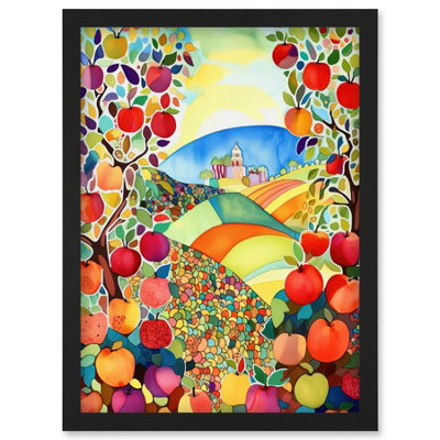 Artery8 Apple Tree Orchard Fields In Summer Folk Art Landscape Watercolour Painting Wall Art PrintA4 Size from B&Q