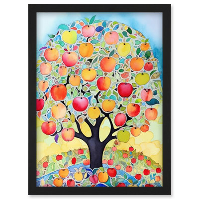 B&Q -  Apple Tree Fruit Harvest Day Folk Art Bright Watercolour Painting Wall Art PrintA4 Size