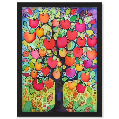 B&Q -  Apple Tree Folk Art Bright Watercolour Painting Wall Art PrintA4 Size