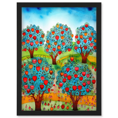 Artery8 Apple Orchard Trees Ready For Harvest Folk Art Landscape Watercolour Painting Wall Art PrintA4 Size from B&Q