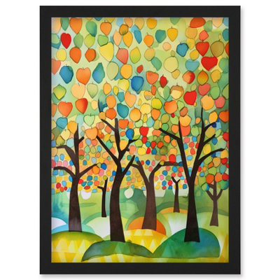 Artery8 Apple Tree Orchard Abstract Folk Art Landscape Watercolour Painting Wall Art PrintA4 Size from B&Q