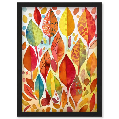Artery8 Autumn Leaves With Multicoloured Patterns Folk Art Watercolour Painting Wall Art PrintA4 Size from B&Q