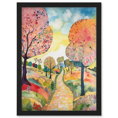 Artery8 Countryside Path With Blooming Flowers And Trees Folk Art Landscape Watercolour Painting Wall Art PrintA4 Size from B&Q