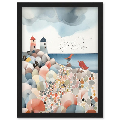 Artery8 Lighthouses On Multicoloured Pebble Beach Watercolour Painting Wall Art PrintA4 Size from B&Q