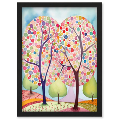 Artery8 Two Trees Blooming In Spring Folk Art Watercolour Painting Wall Art PrintA4 Size from B&Q