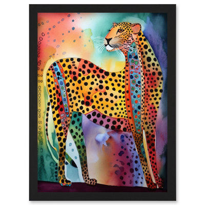 Artery8 Colourful Cheetah Folk Art Watercolour Painting Wall Art PrintA4 Size from B&Q