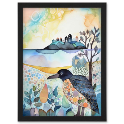 Artery8 Coastal Island Wildlife Folk Art Watercolour Painting Wall Art PrintA4 Size from B&Q