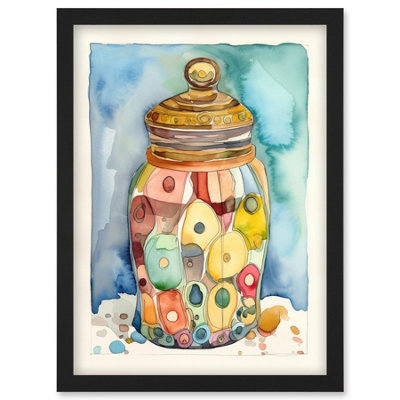 Artery8 Glass Cookie Jar With Sweets Folk Art Watercolour Painting Wall Art PrintA4 Size from B&Q