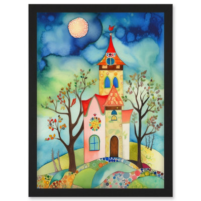 B&Q -  Countryside Chapel Folk Art Watercolour Painting Wall Art PrintA4 Size