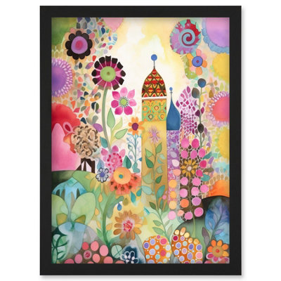 B&Q -  Countryside Garden Flowers In Spring Folk Art Watercolour Painting Wall Art PrintA4 Size